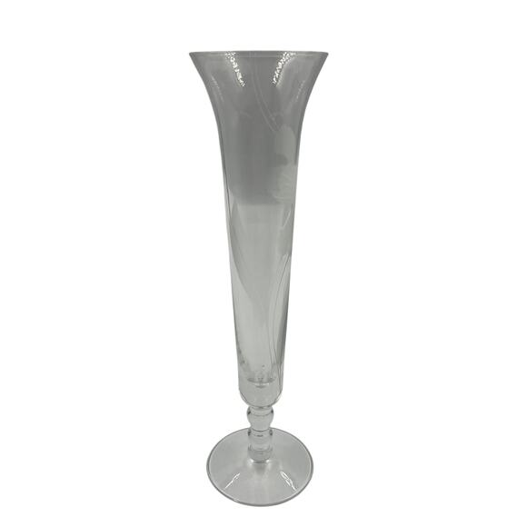 Vintage Crystal Clear Glass Skinny Tall Floral Etched Decorative Vase Footed - Picture 1 of 7